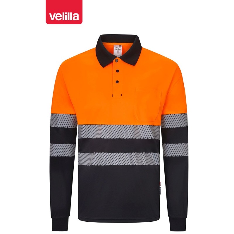 305535 Long sleeve two-tone recycled polyester polo shirt with segmented tape