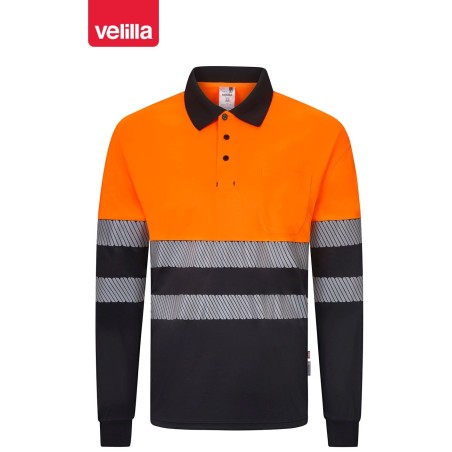 305535 Long sleeve two-tone recycled polyester polo shirt with segmented tape